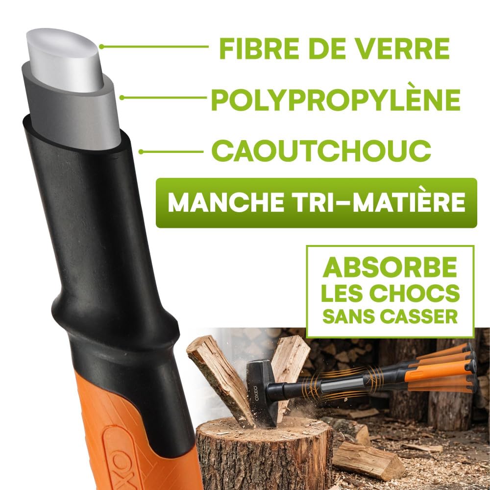 3 Fendeurs de bûches acier forgé manche trimatière - Hache 36cm et 87cm - Hache de fendage 91cm - 4.6kg - Poignée ergonomique