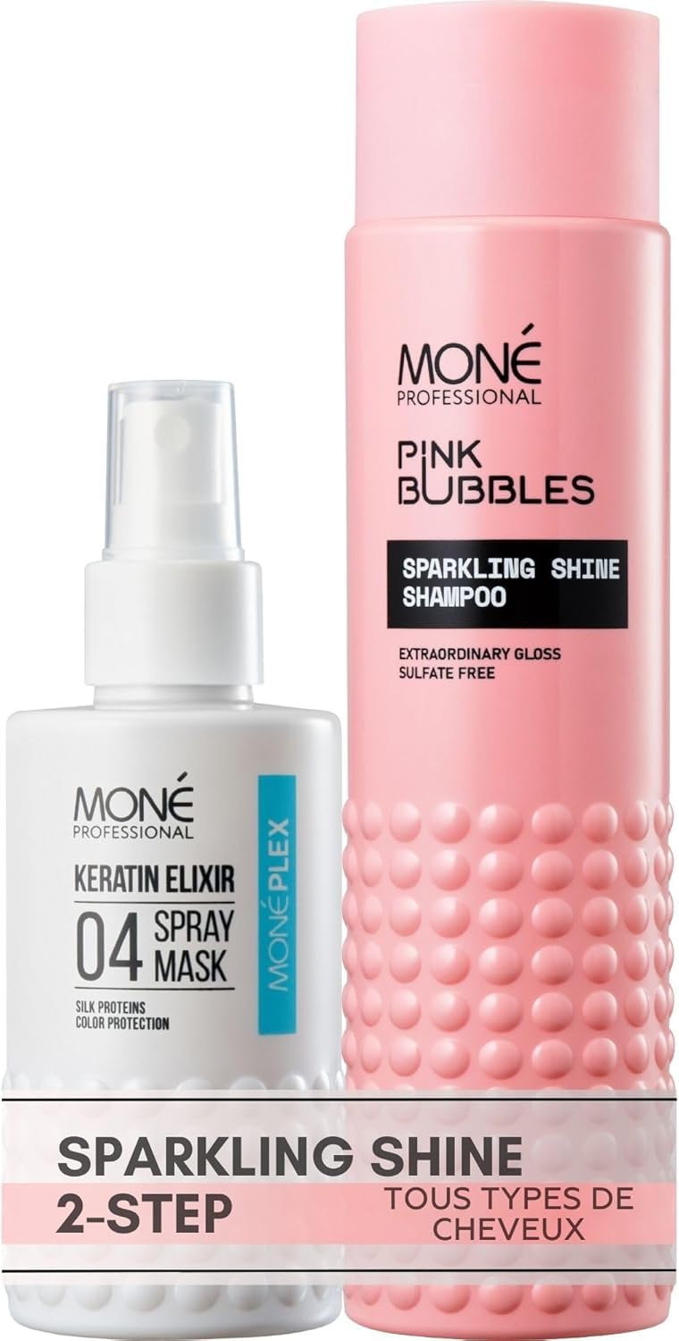MONÉ PROFESSIONAL Set mit Feuchtigkeit, Farbschutz und Thermoschutz 220 °C, 10-in-1-Spray mit Keratin (150 ml) + Shampoo für intensiven Glanz ohne Sulfate (300 ml)