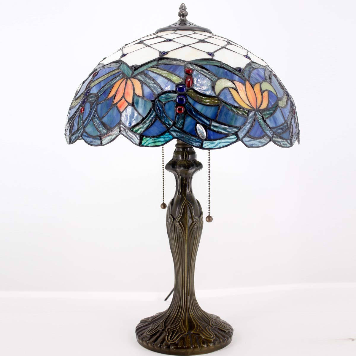 WERFACTORY Tiffany Table Lamp Stained Glass Style Bedside Lamp Blue Lotus 16X16X24 Inches Desk Reading Light Metal Base — view 6