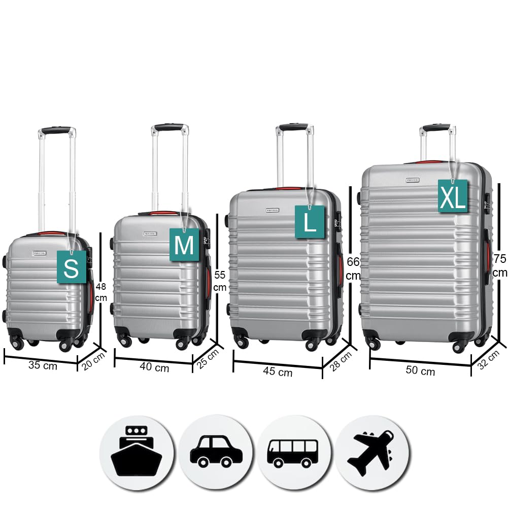 Set 4 Valigie Rigide in ABS, Valigia Rigida S-M-L-XL con Manico Telescopico Gel e 4 Ruote Easy Roll, Trolley Resistente e Leggero da Viaggio, Bagaglio a Mano con Serratura Codice (Silver)