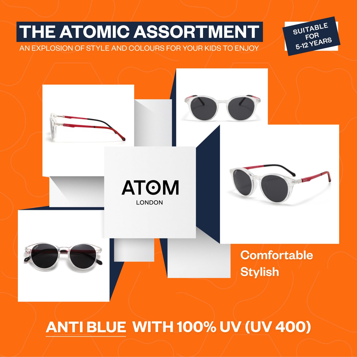 ATOM Lunettes anti-lumière bleue 2 en 1 pour enfants – Protection UV à 100 % avec clip magnétique – Convient aux enfants âgés de 5 à 12 ans pour garçons et filles