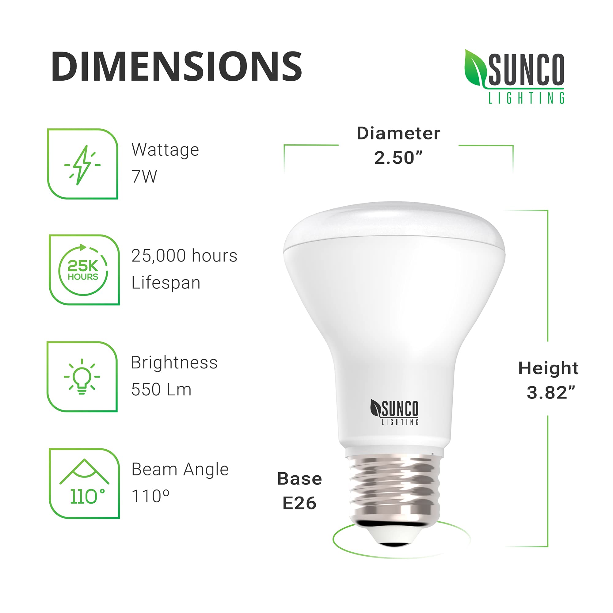 Sunco BR20 Bombilla LED regulable, pequeñas bombillas de iluminación empotradas, mini luz de inundación R20 para interiores, 550 LM, 7 W (equivalente a 50 W), 2700 K blanco suave, base E26, luz de 2