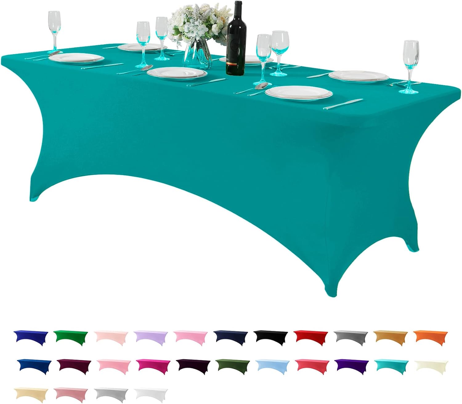 Spandex Table Cover for 8FT or 4ft or 6ft Table Universal Fitted Stretch Tablecloth for Party, Banquet, Wedding and Events-Turquoise 96" x 30" (Rectangular) Turquoise