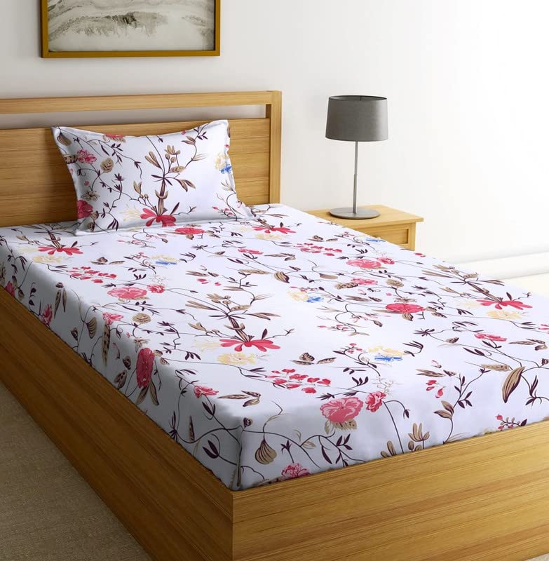 Image of NHD HOME Premium Glace Cotton 180 TC Flat Single Bedsheets for Summer Breathable | Wrinklefree (Size-60 X 90 Inch) with 1 Pillow Covers (Size-17 X 27 Inches, White & Pink Flower)