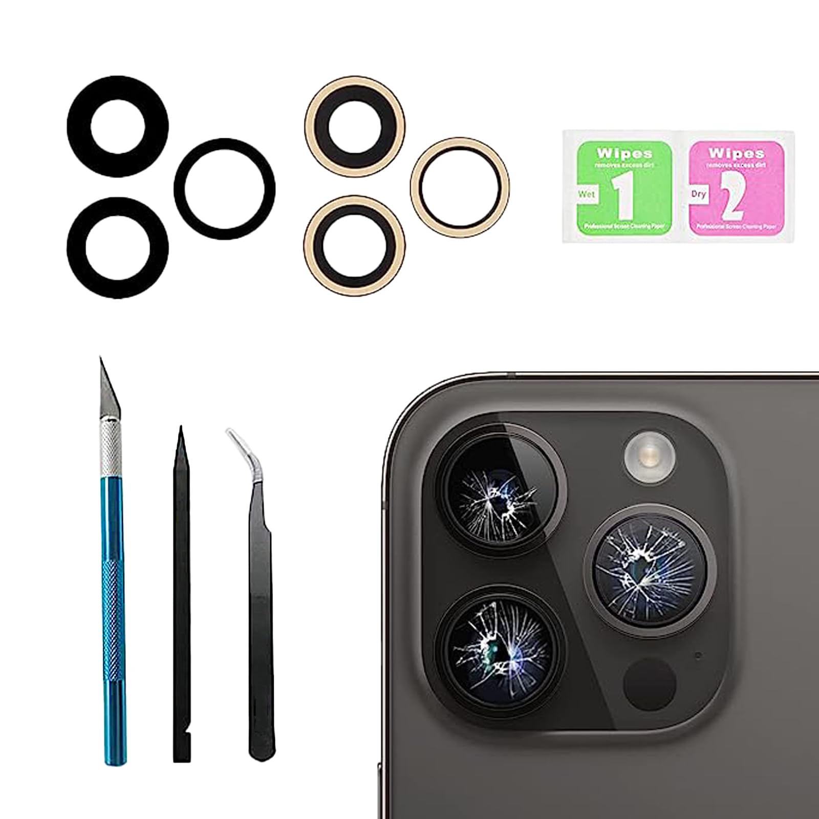 3 Pcs Back Rear 14 Pro Max Camera Lens Glass Replacement for iPhone14 Pro Max Back Rear Camera Lens Replacement with Pre-Installed Adhesive, Back Glass Camera Lens,Repair Tool Set