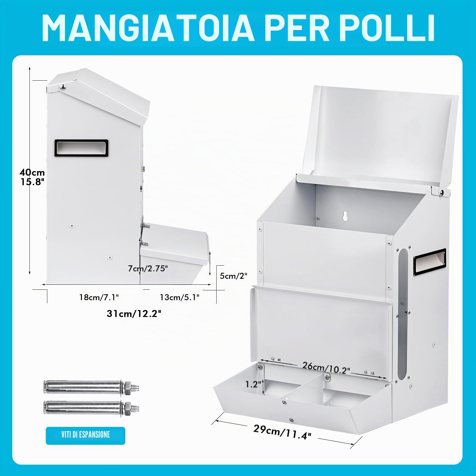 25LBS Mangiatoia Automatica Per Polli Mangiatoia Per Polli a Prova di Topo Con Coperchio dispenser Per Appendere Zincato All'Aperto Senza Sprechi Per Quaglie, Bantam, Anatre e Tacchino