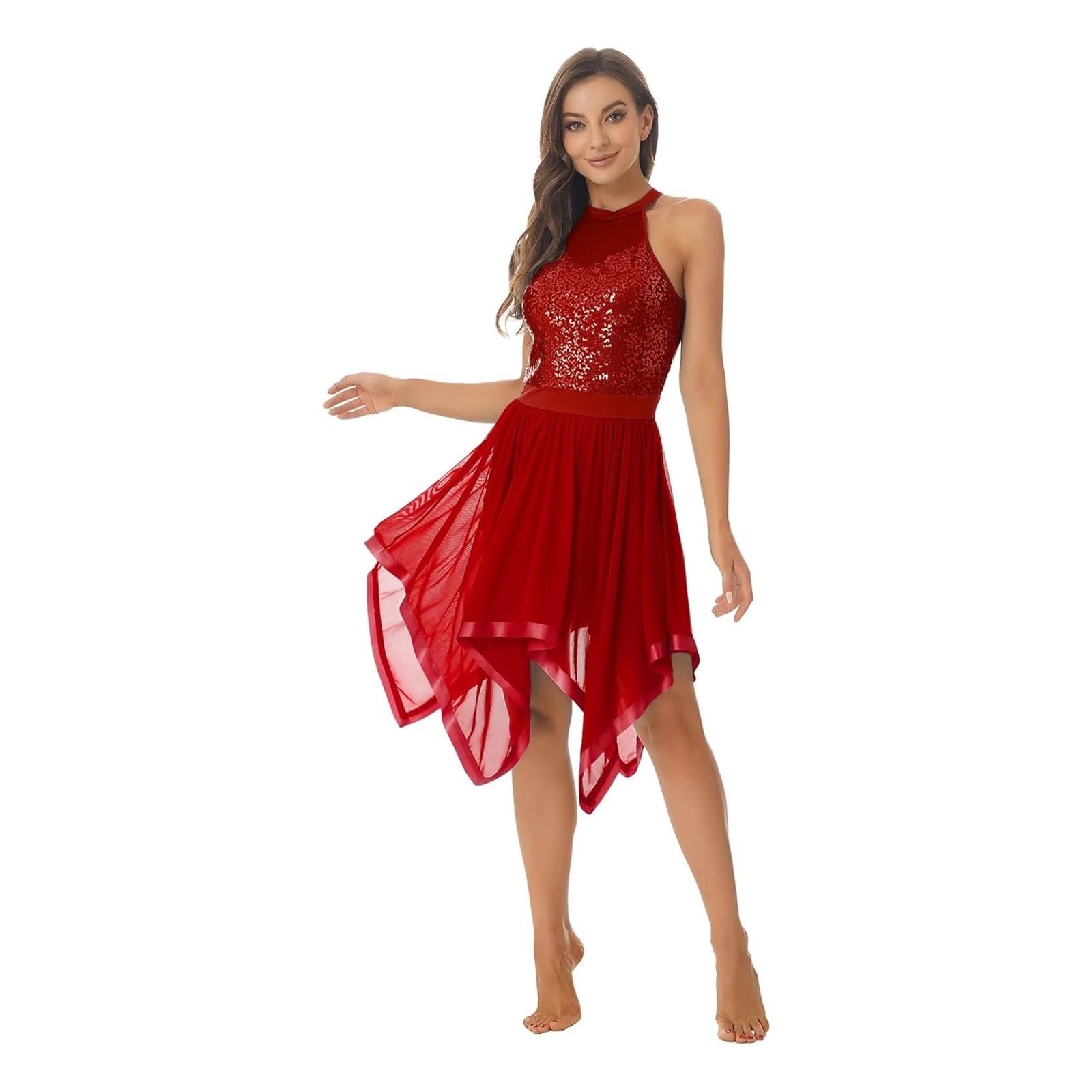 Vestido De Danza LíRica Moderno Vestido de Baile contemporáneo Moderno de Jazz de Malla asimétrica con Lentejuelas y Cuello Halter sin Mangas for Mujer
