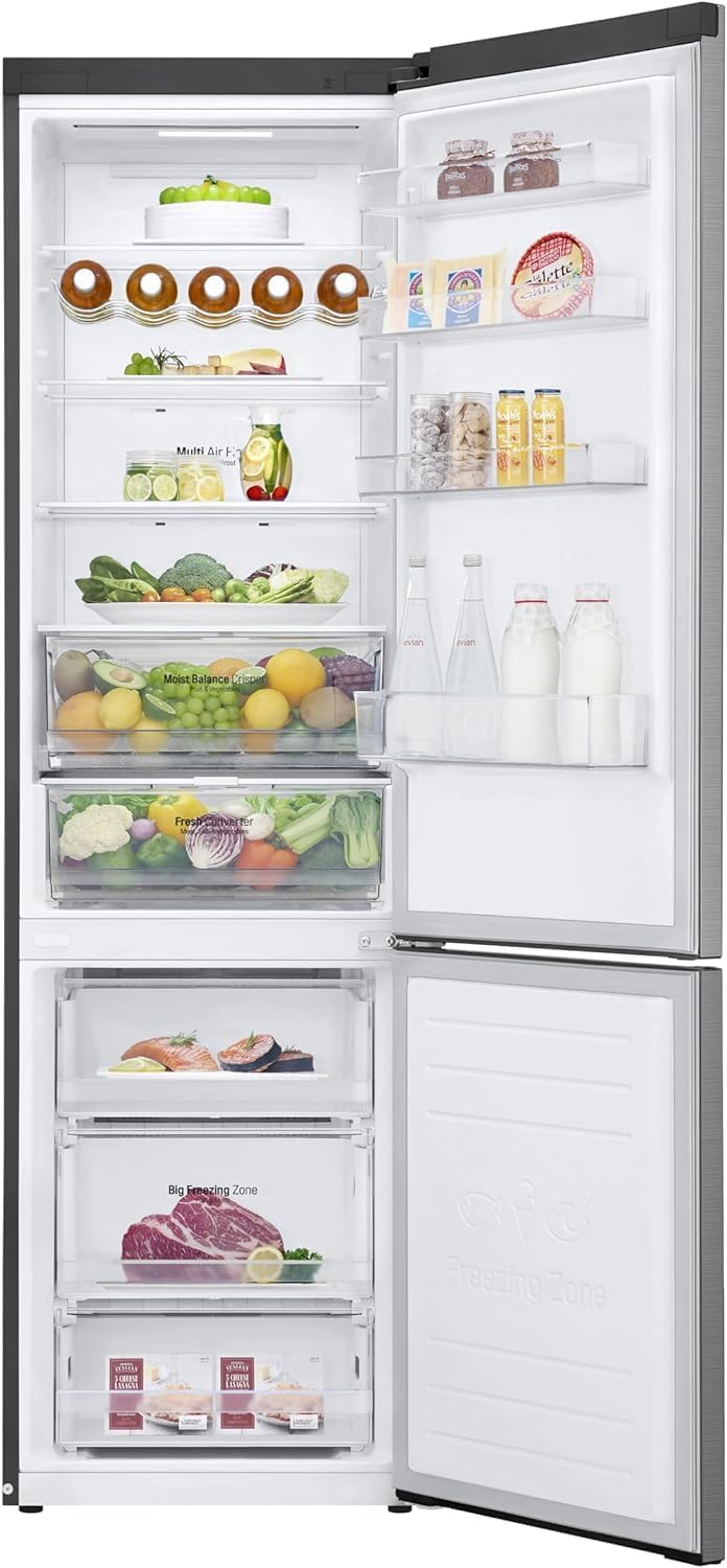 Close-up of the LG refrigerator's external display panel showing temperature settings and ThinQ logo.