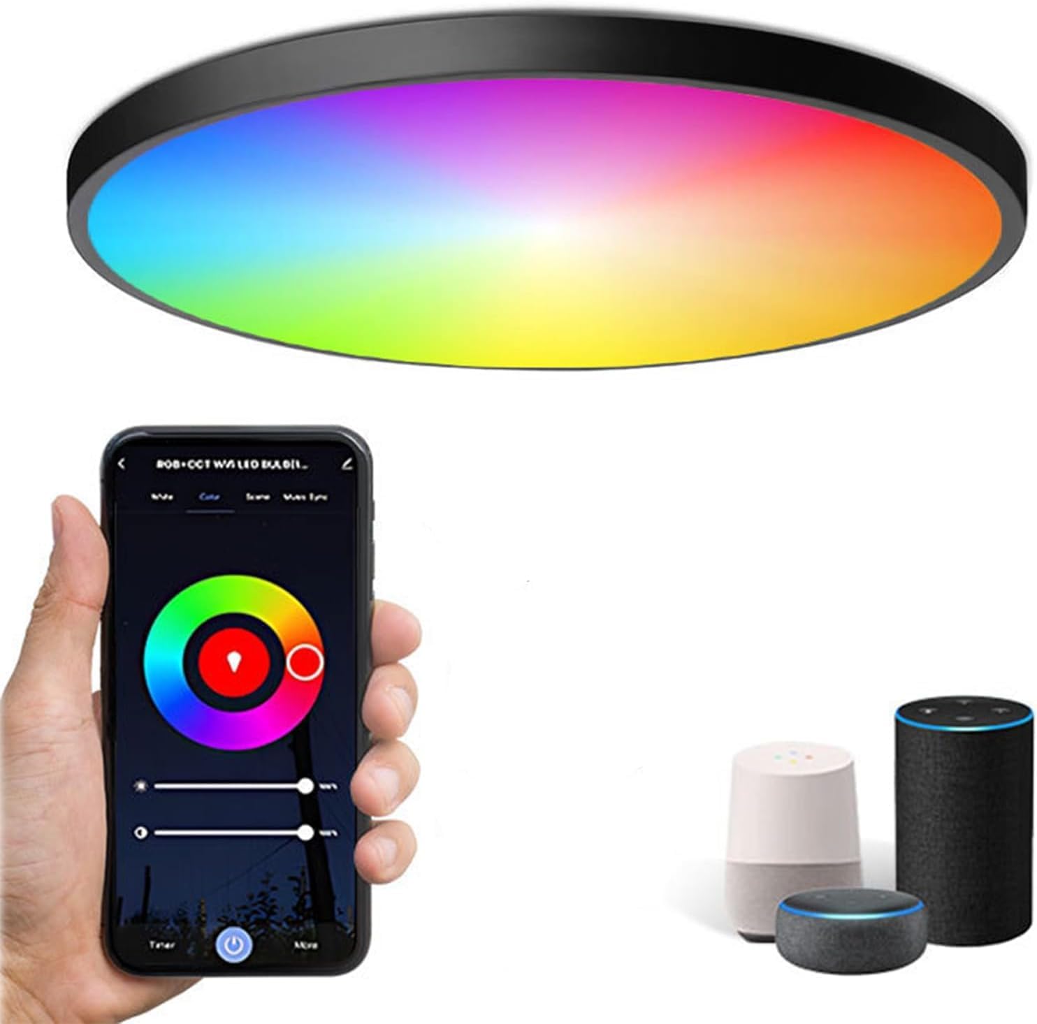Smart WiFi Ceiling Light, APP or Voice Control, 24W 2000LM, RGB Colour Changing Ceiling Light Compatible with Alexa Google Home, Dimmable 3000K-6500K