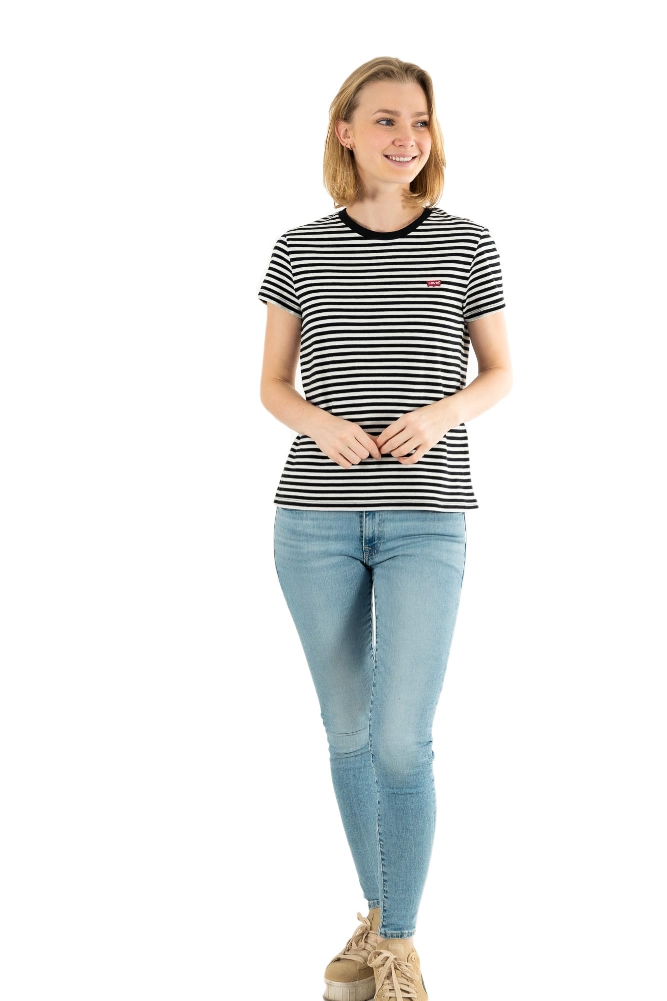 Levi's Women's The Perfect Tee- Striped Chesthit Logo T-Shirt, Raita Stripe Caviar, XS