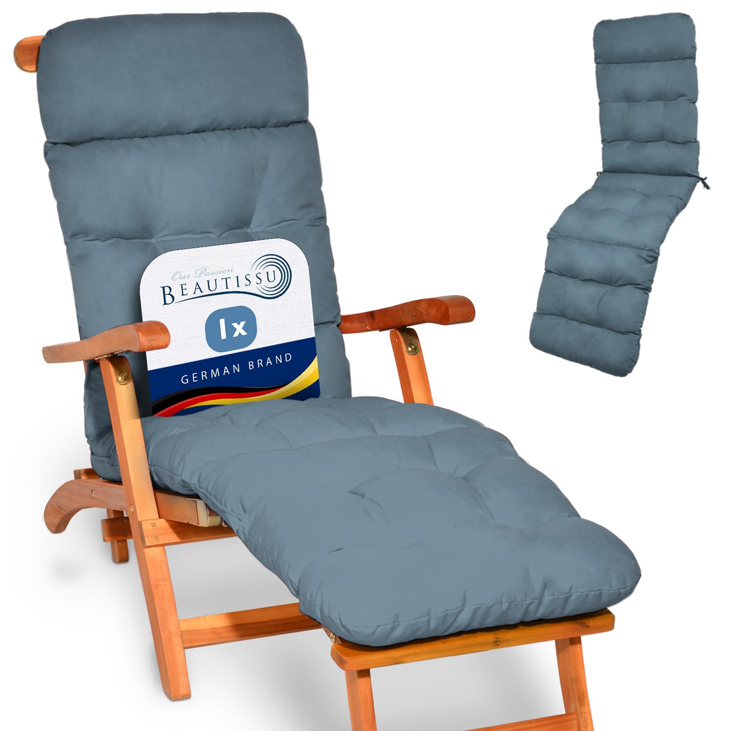 Beautissu Deck Chair Sun Lounger Cushion 200x50x8cm Flair DC – Outdoor Garden Recliner Sunbed Steamer Chair Cushions for Patio Garden Terrace Balcony Blue-Grey
