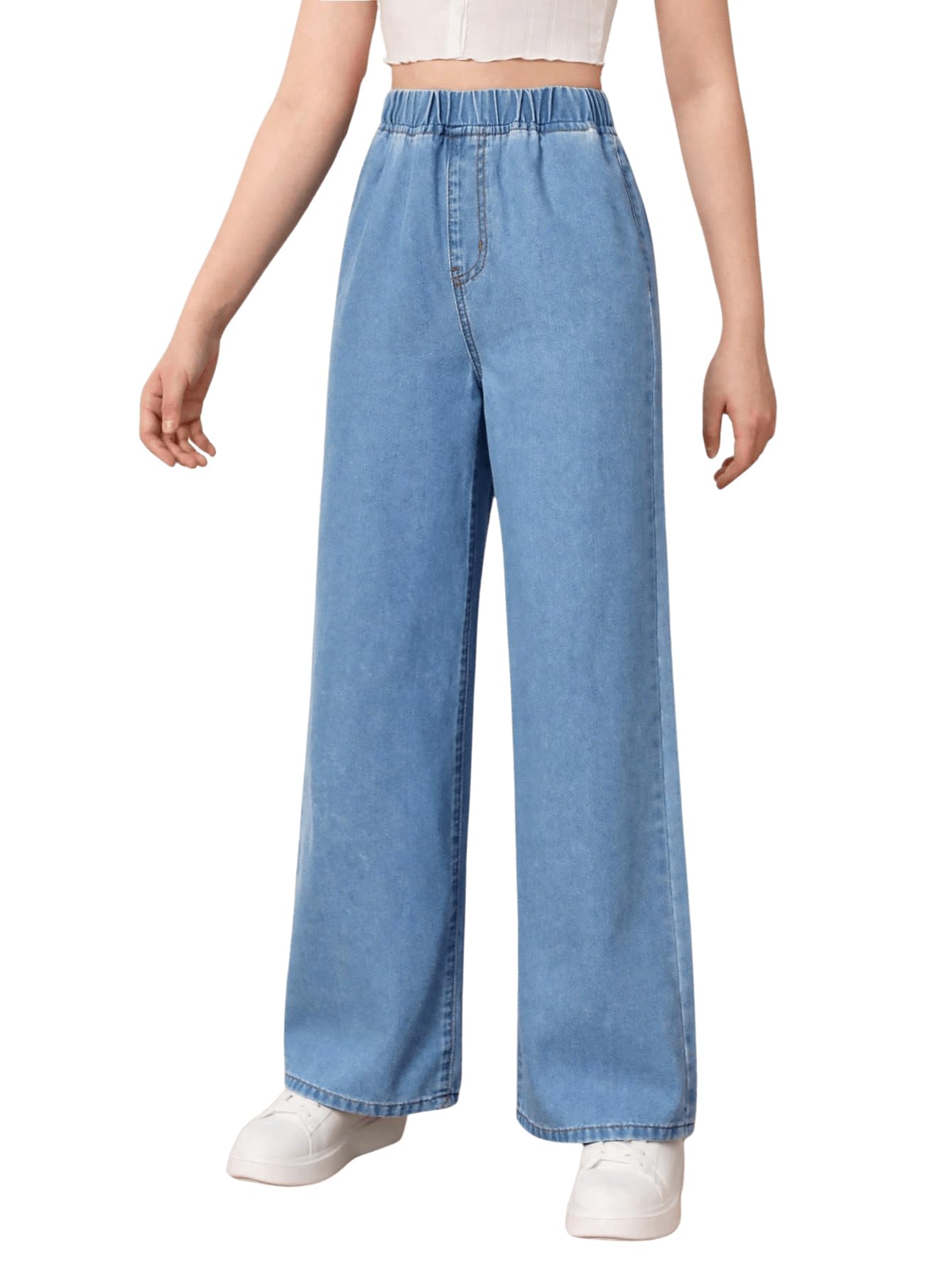 Floerns Girls Elastic Waist Wide Leg Jeans Loose Fit Baggy Denim Pants