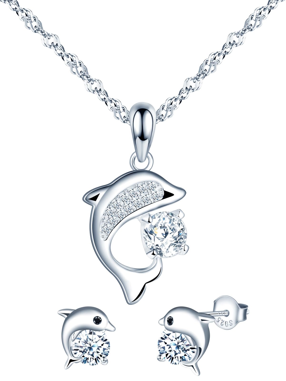 Argento 925 Set di gioielli da Donna Collana e Orecchini Delfino con Zirconi: Per Spiaggia, Festa in Casa, Elegante Parure Gioielli per Donne e Ragazze