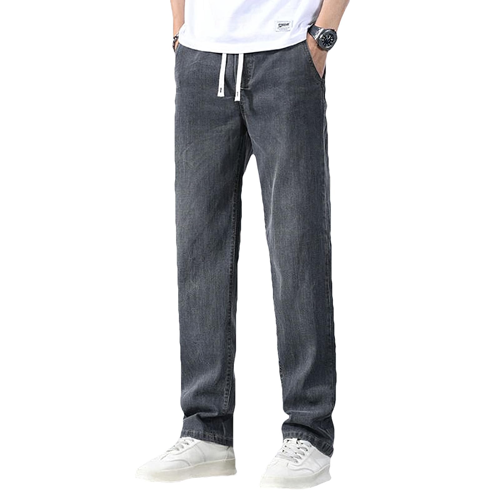 Homme Été Jean en Lyocell Fin et Léger Pantalon en Denim à Taille Élastique et Coupe Droite avec Cordon de Serrage