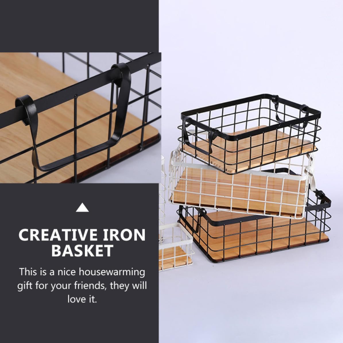 BESTOYARD Cesta Rectangular de Almacenamiento de Hierro y Madera para Frutas y Snacks Diseño Simple y Asas Negras para Cocina