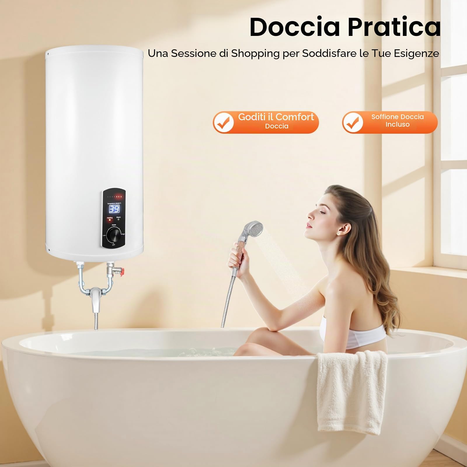 Scaldacqua istantaneo con serbatoio da 80 litri, scaldabagno elettrico con rubinetto e doccetta, dispositivo con contenitore interno smaltato, scaldabagno digitale con indicatore LED per bagno