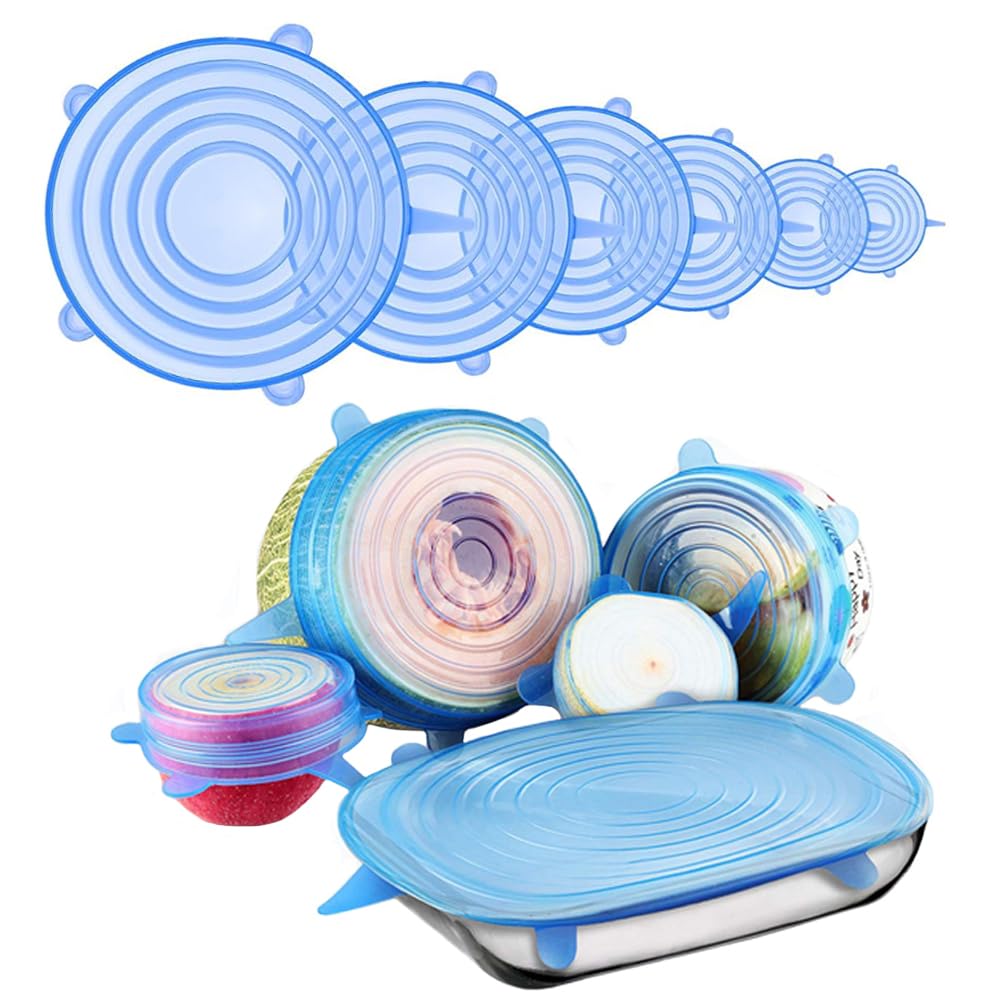 BowieMall Silicone Stretch Lids 6 Pcs Different Sizes Reusable Durable Food Storage Covers to Meet Most Container, Microwave Cover for Food Storage, Can/Bowl Covers
