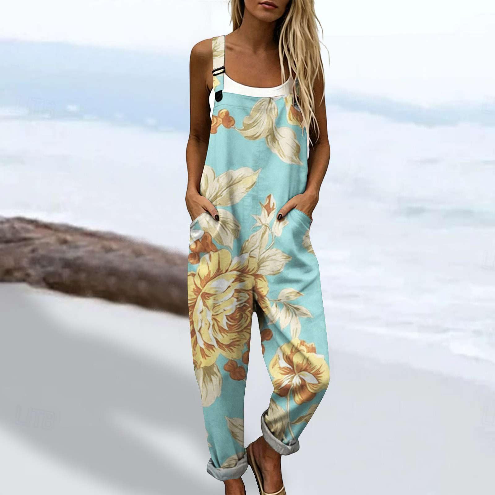Generico Salopette Donna Estiva Lunga Tuta Intera in Lino e Cotone con Stampa Floreale Boho Chic Jumpsuit Gamba Larga Tasche Bretelle Regolabili Taglie Forti Mare Vacanza Comoda Baggy