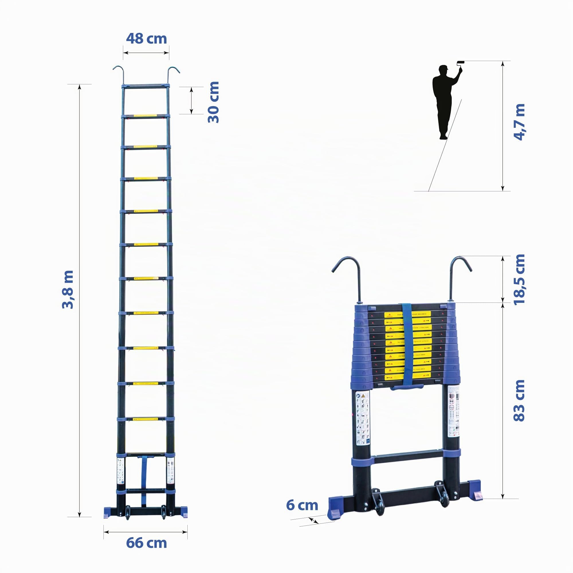 HOSTRÖM Echelle telescopique 3,8m TELESCOVA12+, Aluminium, Pliable, Extensible, Multi-Fonction, H Travail Max 4,7m, Crochets Amovibles, Garantie 5ans