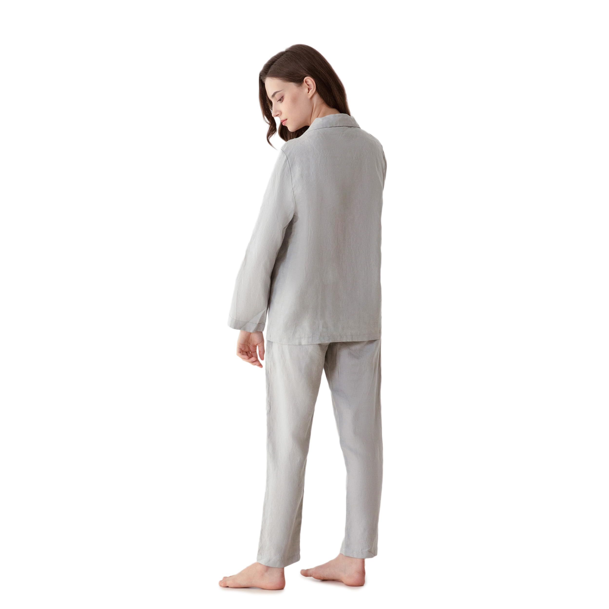 Simple&Opulence Conjunto de pijama de lino 100 % para mujer, camisa y pantalones suaves, ropa de descanso de 2 piezas, ajuste delgado, suave y transpirable, S-L
