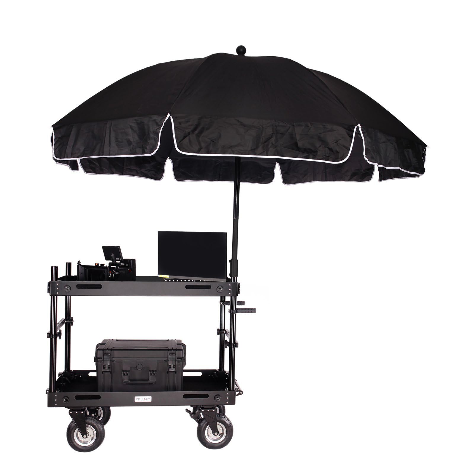 PROAIM Victor V1.1 42" Videoproduktions-Kameratrolley. Fahrzeugbelastbarkeit bis 200 kg/440,9 lb - höhenverstellbar und mit Rad. Mit Feststellfunktion an der Drehachse (VCTR-V1-42) | CNC Aluminium und Edelstahl; Luftreifen 9" Räder, 22" Lenkstange, integr