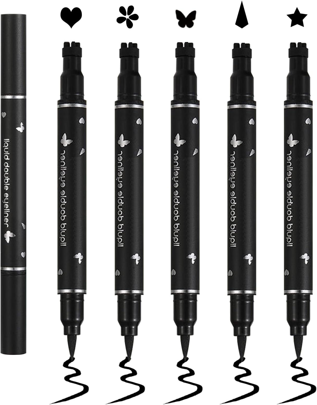 5Pcs Double-headed Liquid Eyeliner Stamp Pencil Set,Winged Eyeliner Stamp Pen Women Black Long-lasting delineador de ojos,(Heart/Flower/Star/Butterfly/Cone) Shape Eye Liner Stamp