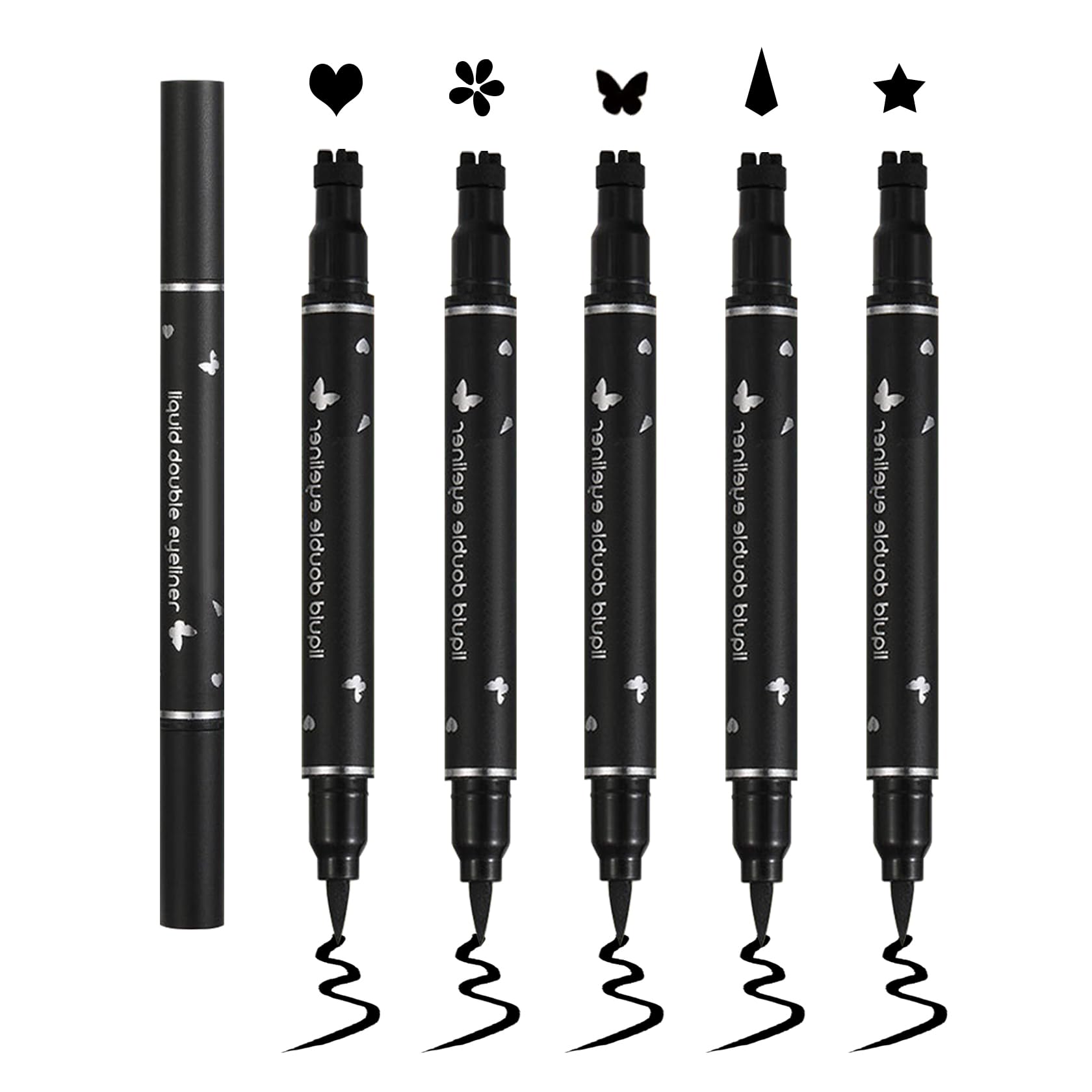 5Pcs Double-headed Liquid Eyeliner Stamp Pencil Set,Winged Eyeliner Stamp Pen Women Black Long-lasting delineador de ojos,(Heart/Flower/Star/Butterfly/Cone) Shape Eye Liner Stamp