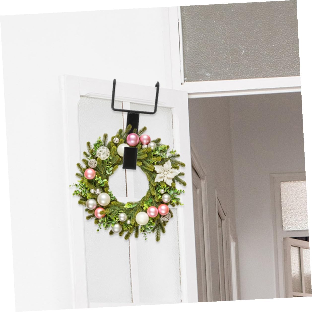 Wrought Iron Christmas Wreath Hanger for Front Door 4pcs Black Over Door Garland Hook Set for Holiday Decorations and Seasonal Wreaths