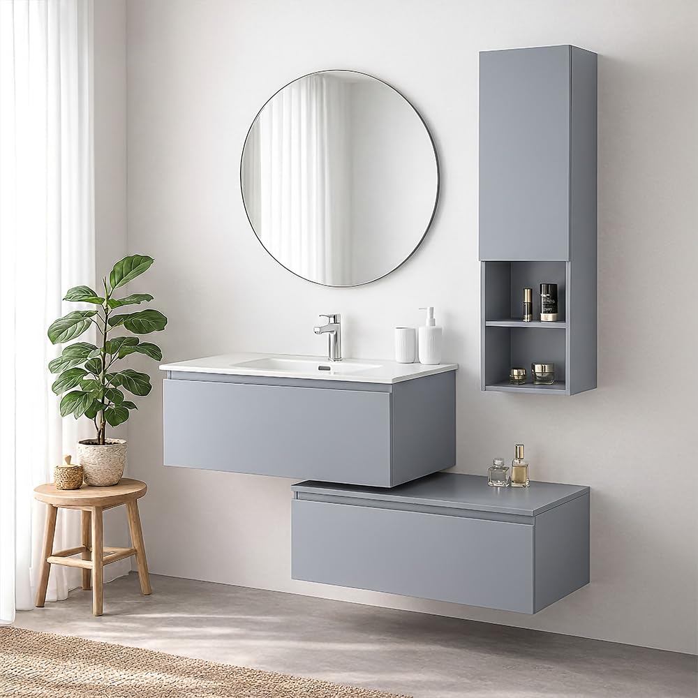 Colonna Bagno Sospesa 115 Cm Azzurro Polvere – Mobile Pensile Con Anta Soft-Close, Vani A Giorno E ripiani Interni – Linea Nuvola