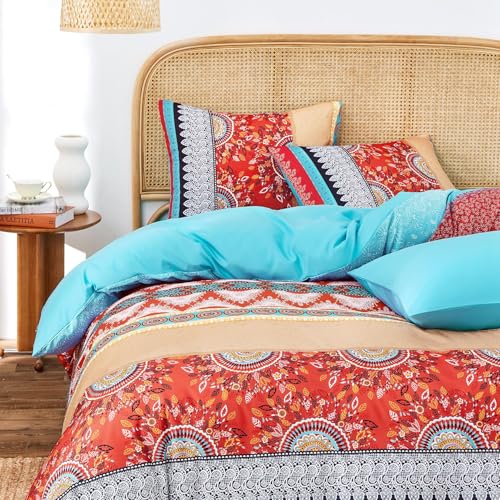Image of Wake In Cloud - Boho Comforter Set, Bohemian Chic Colorful Medallion with Geometric Botanical Flowers and Horizontal Stripes, Soft Lightweight Bedding, 3 Pieces, Red Teal, King Size