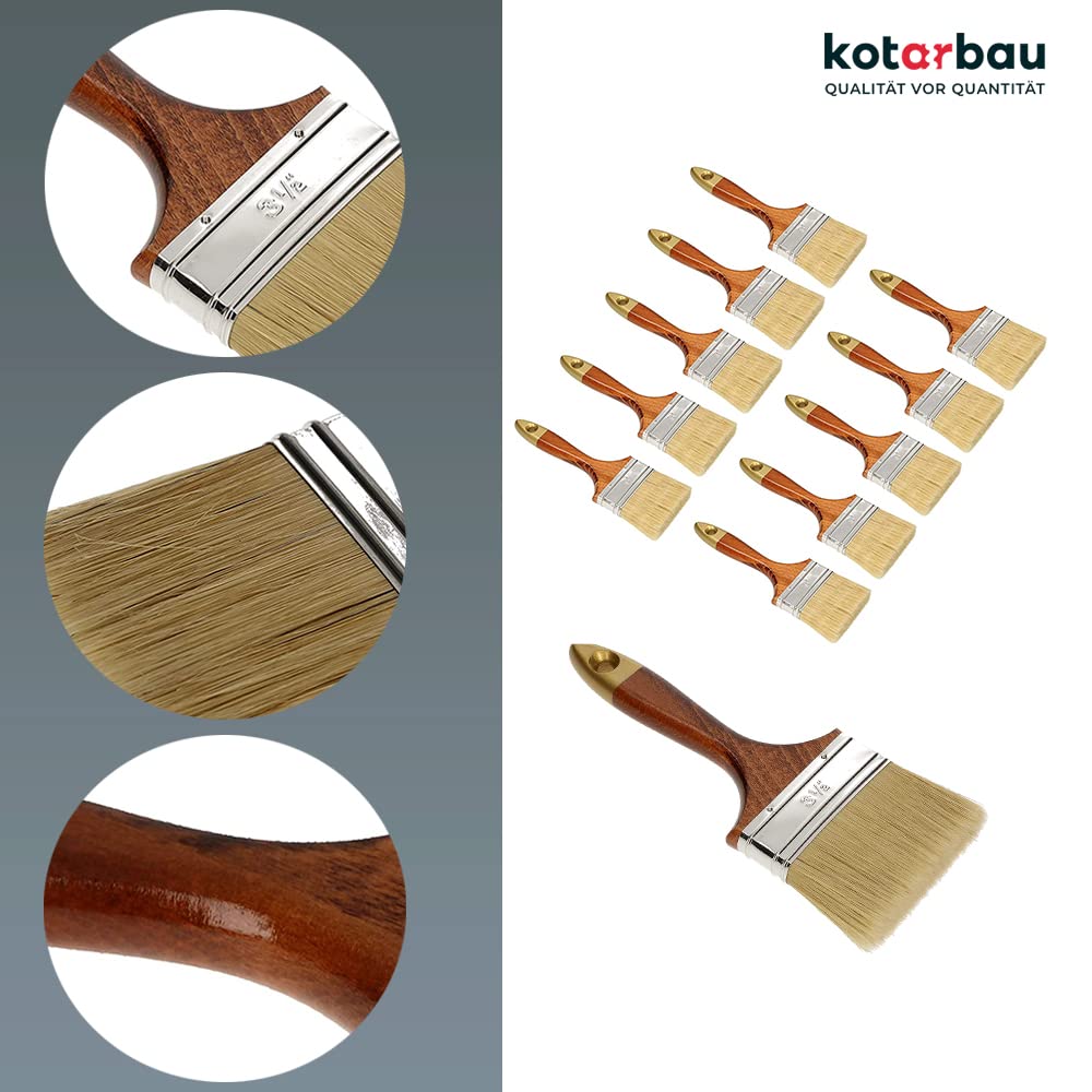 KOTARBAU® Juego de 10 brochas Planas con cerdas Naturales, 90 mm, Pincel para Pintura, Barniz o Esmalte, Brocha con Mango de Madera, Acabado Suave y Uniforme, 10 Unidades