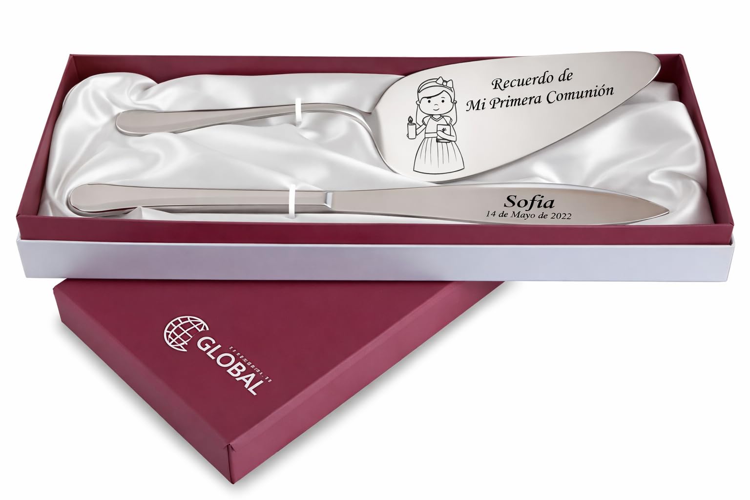 Genérico Estuche Cuchillo y Pala Personalizado para Tarta de Acero - Corta tartas con Nombre y Fecha - Juego servidor para pastel de Bodas,Comuniones y Eventos