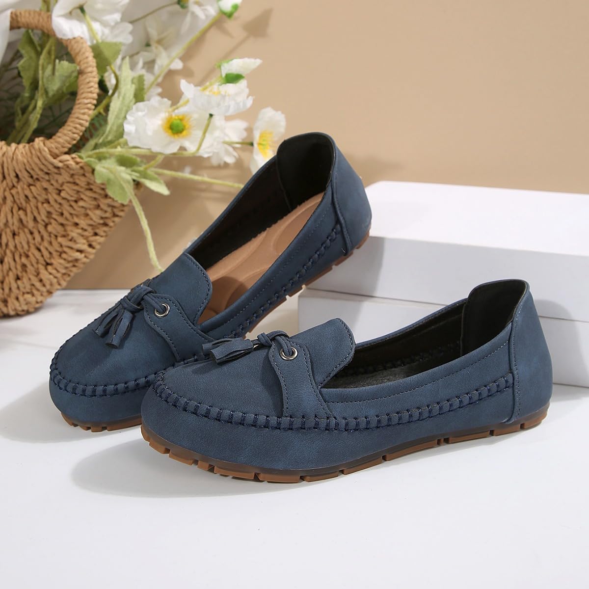 Mocasines vintage cómodos de piel de ante para mujer, zapatos planos ortopédicos suaves de ajuste ancho con soporte de arco, mocasines transpirables para conducir, Blue, 40.5 EU
