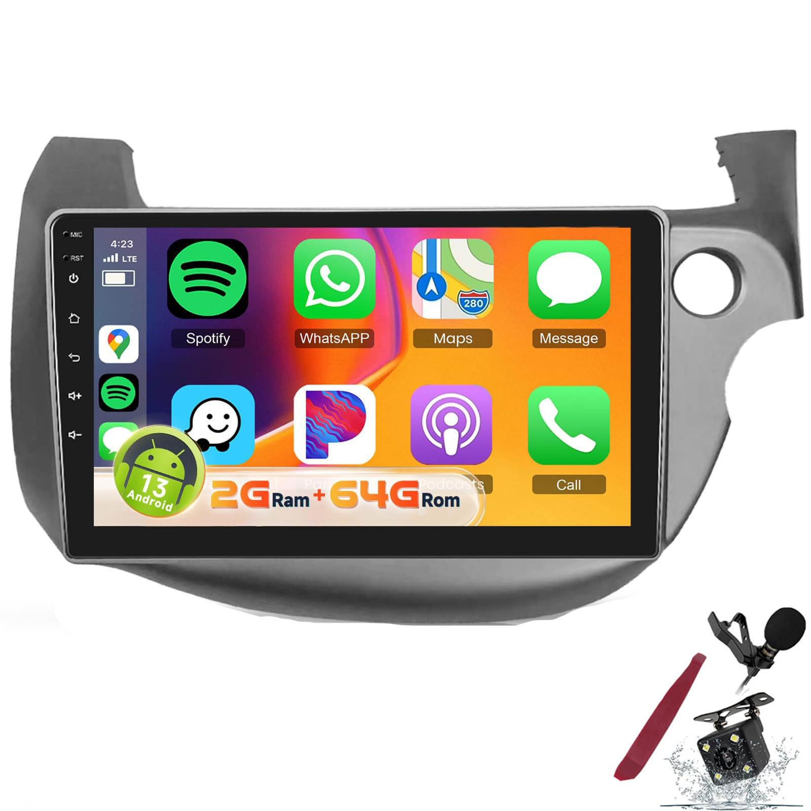 4Core 64G do radia samochodowego Carplay H-onda Jazz 2007-2013, 10-calowy ekran dotykowy IPS z DSP, Bluetooth, Android Auto, GPS, WiFi, FM/RDS, SWC, kamera,K5 pro
