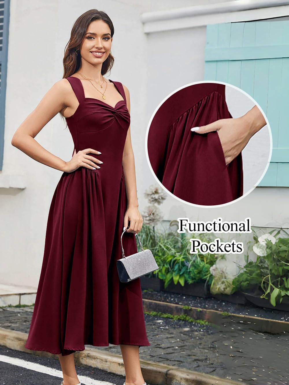Women's Wedding Guest Dress Corset Sleeveless Semi Formal Bridesmaid Flowy Midi Dresses with Pockets - Image 4