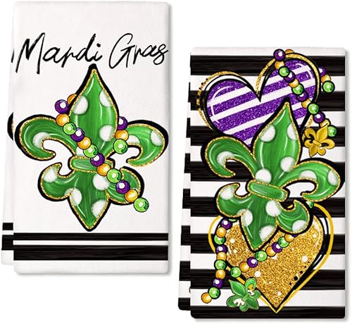 ARKENY Juego de 2 paños de cocina Mardi Gras, diseño de flor de Lis verde con lunares blancos, paños de cocina de 18 x 26 pulgadas, secado de