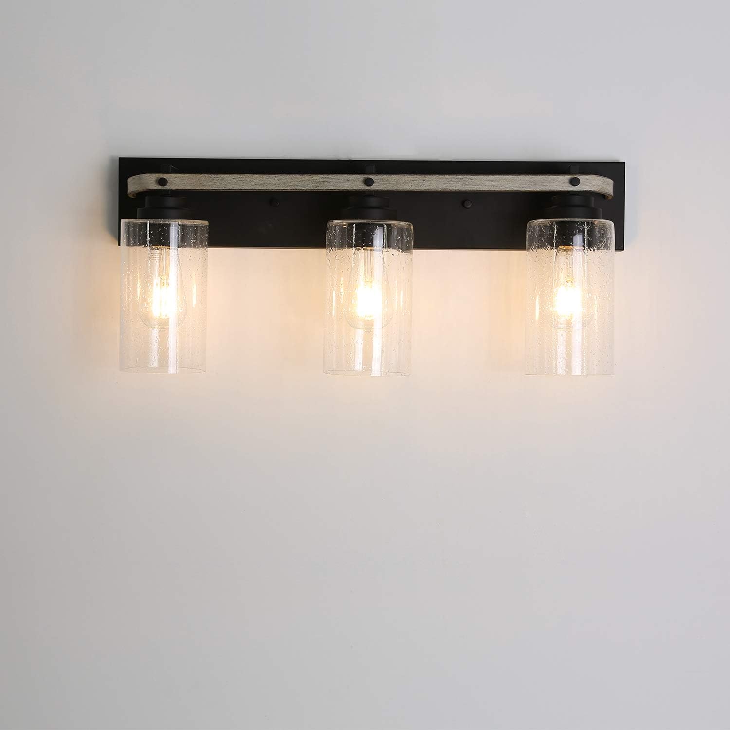 Bеѕt Cуbеr Mоndау 🔥 3-Light Farmhouse Vanity Light, 24 inch Industrial Bathroom Light Fixture with Seeded Glass Shades, Vanity Lights Over Mirror, Faux Wood Wall Sconce Lighting