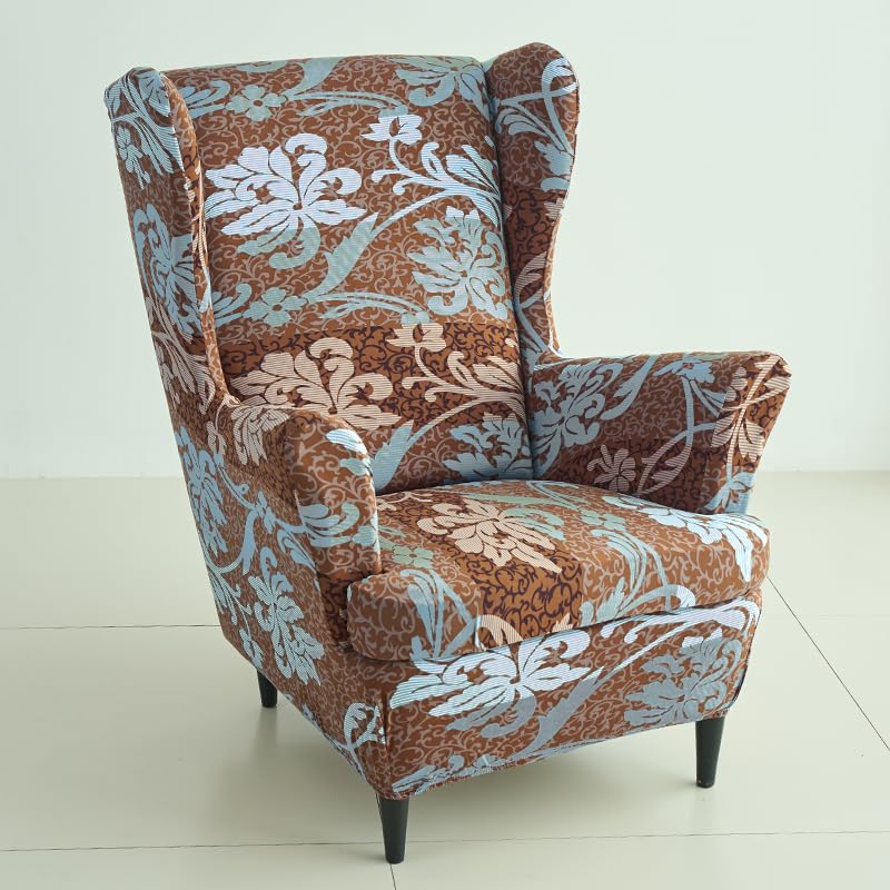 Image of HOKIPO Polyester Blend 140 GSM Fully Covered Wingback Chair Cover, Rich Chocolate Damask Floral (AR-5135-D12)