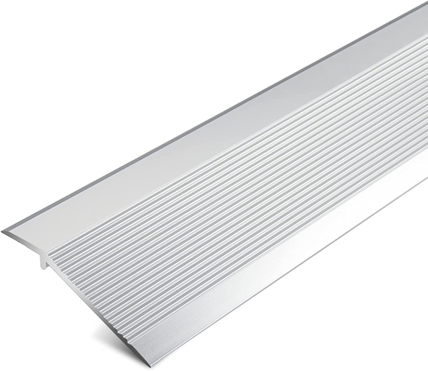 Übergangsleiste für unebene Böden, rutschfeste Aluminium-Reduzierflöte für Balkontüren im Innenbereich, 10 cm extra breiter geriffelter Teppichrand (Farbe: Silber, Größe: Länge 110 cm)
