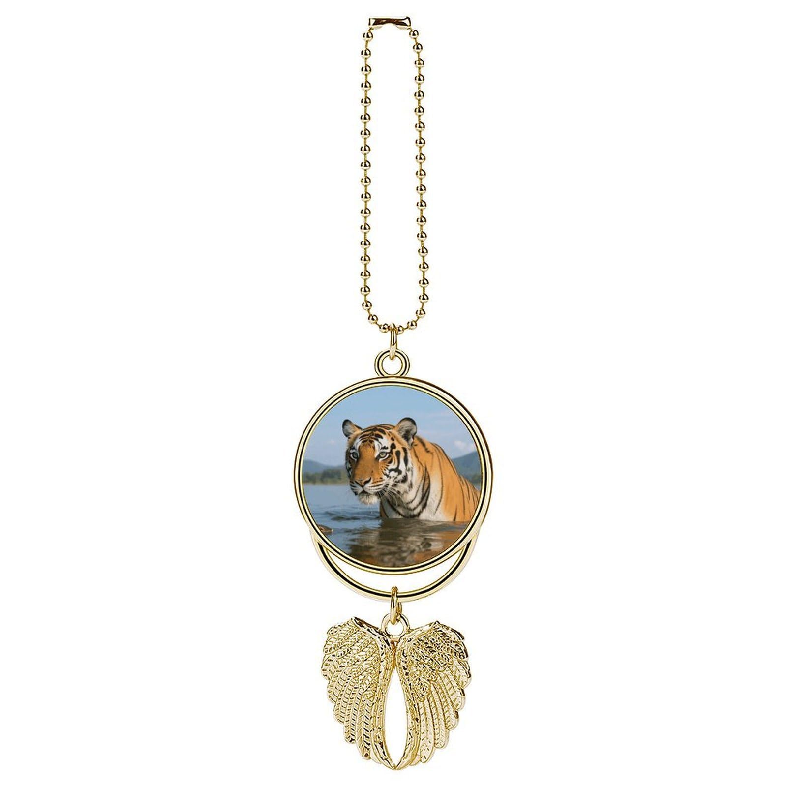 Tiger Guardian Angel Wing Car Ornament for Mirror, Zinc Alloy Hanging Charm with Spiritual Design for Protection, Rearview Mirror Accessory Decor Gift for Women Men(Golden)