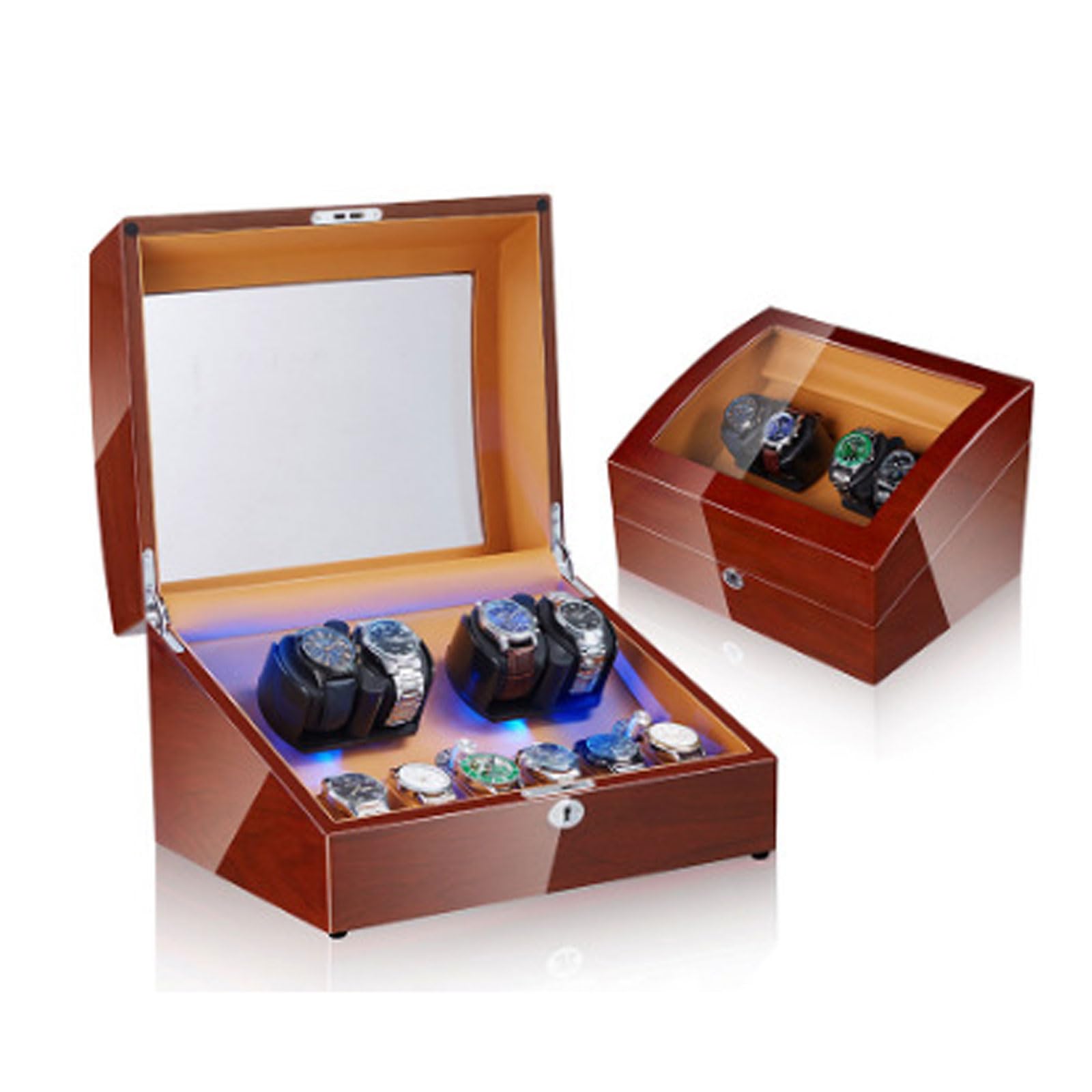 CGCSYZ Watch Winder For Automatic Watches 4 Watch Rotator And 6 Extra Storages,5 Rotating Modes Lockable Automatic Winders LED Backlight,Super Quiet Motor (4+6 Walnut Paint + Inner Camel Velvet X)