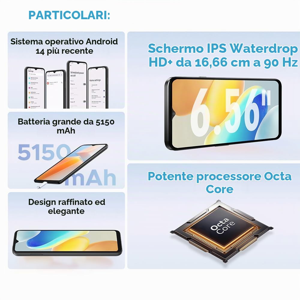N55 PRO 4G Cellulari Economici (2024), 16 GB RAM 256 GB ROM, 6.56 pollici HD+ Display, Telefono Smartphone in Offerta, Android 14, 13MP+ 8MP, 5150 mAh Face ID Nero