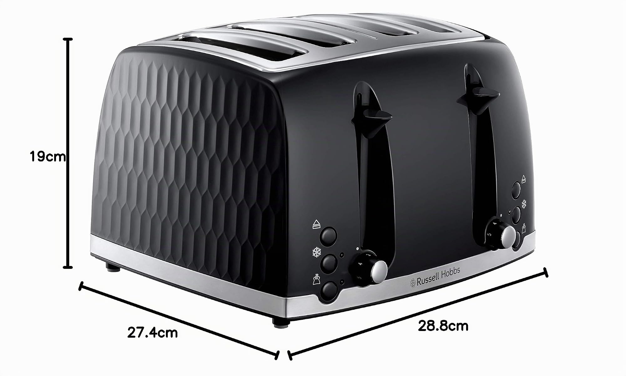 Russell Hobbs Tostapane 4 fette 26071 - Design contemporaneo a nido d'ape con fessure extra larghe e funzione di sollevamento alta, nero