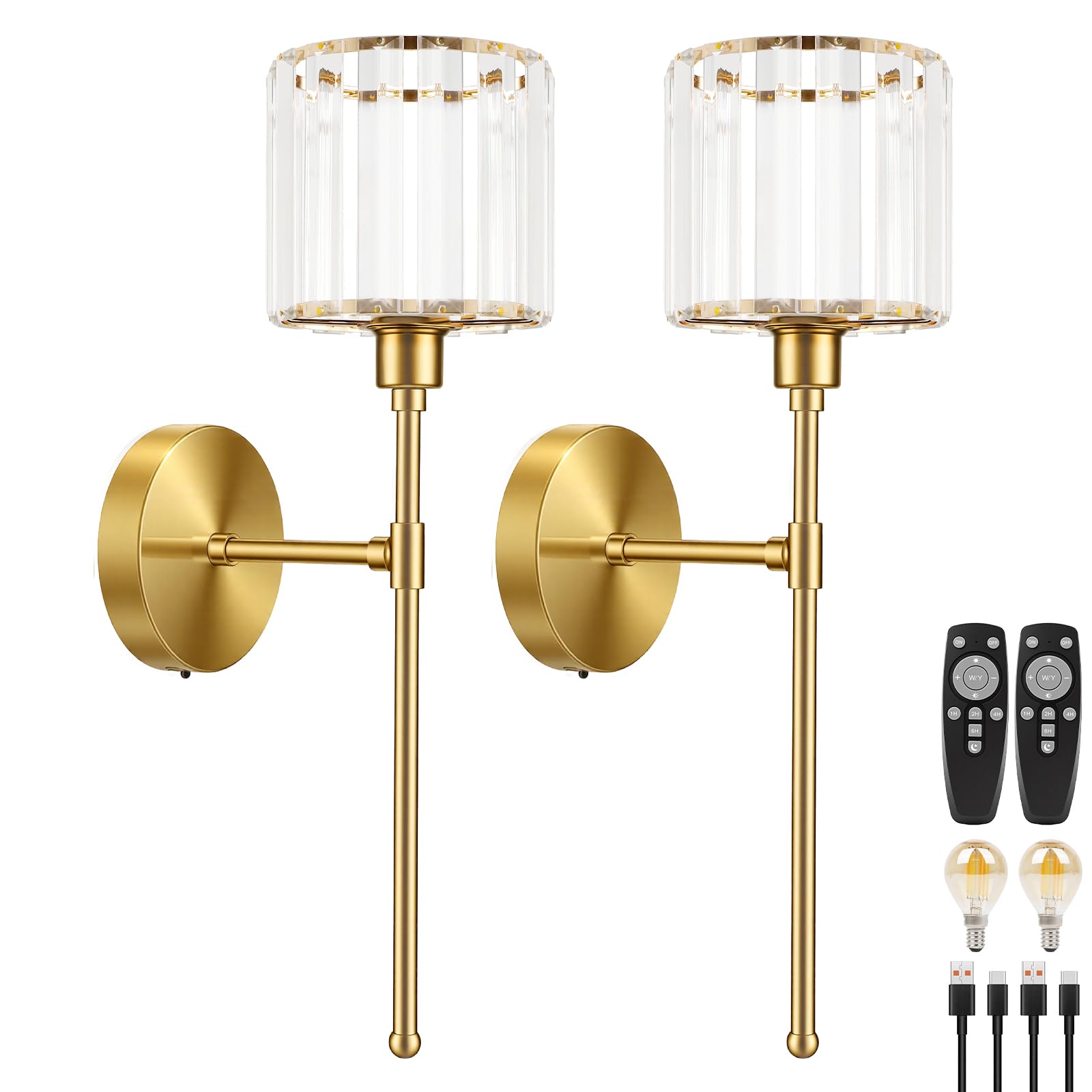 Kimjo Applique da Parete Interno LED, Dorata Lampada da Parete Ricaricabile | Applique Ricaricabile da Parete in Cristallo, 2 Pezzi Moderno Lampada da Parete Senza Fili, USB-C Dimmerabile Lampada da Muro
