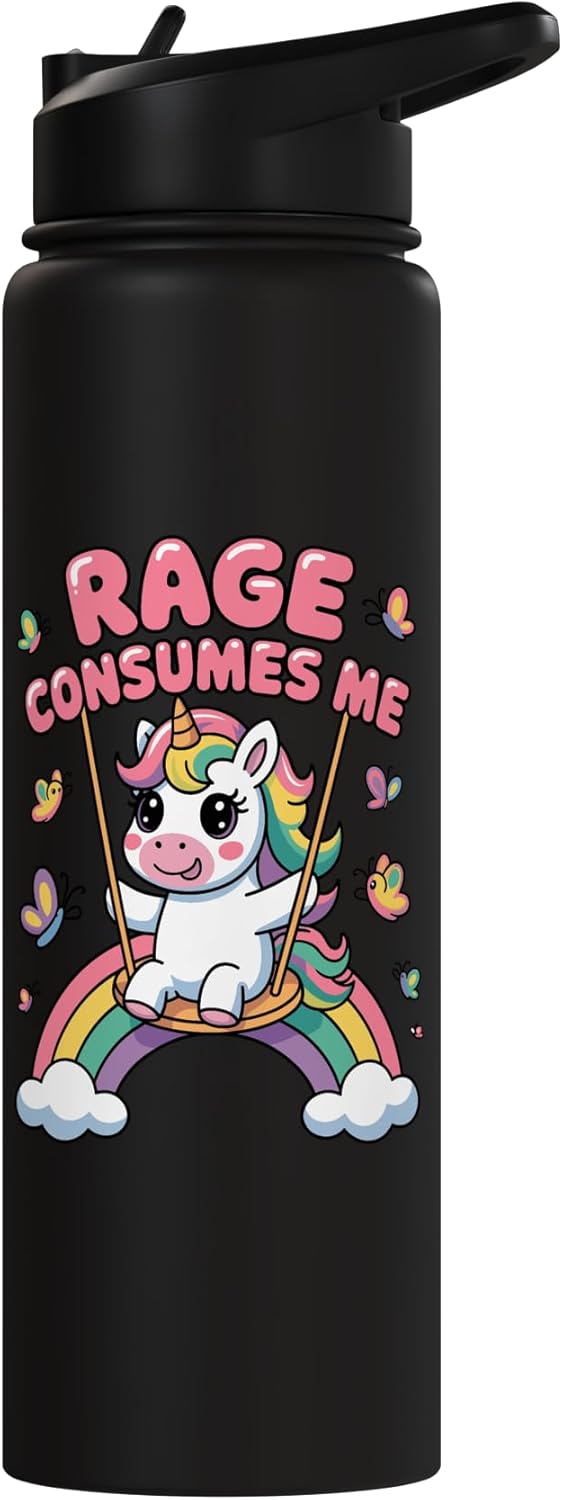 Rage Consumes Me, Funny Sarcastic Unicorn Girls Stainless Steel Insulated Water Bottle - Image 3