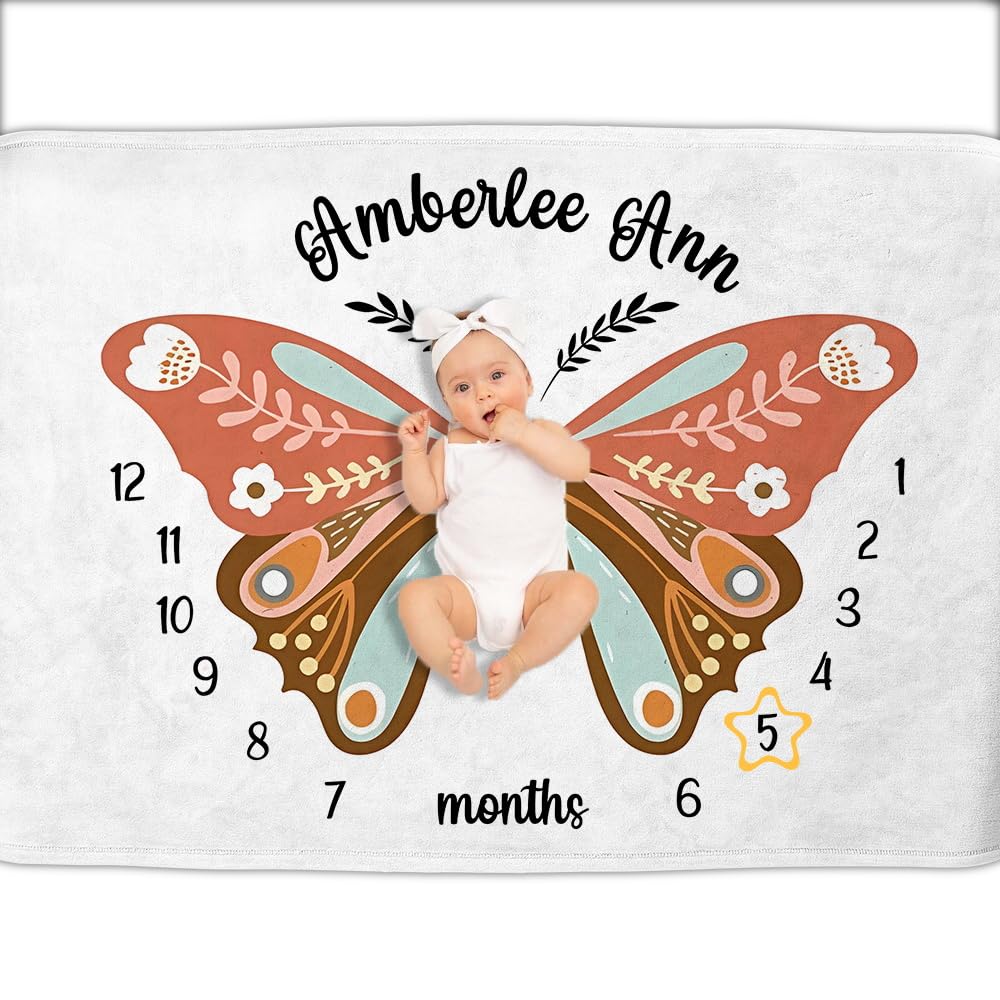 OLIVE OLIVIA Personalized Monthly Baby Milestone Blanket,60"x80"
