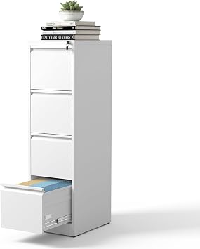 4 Drawers Vertical File Cabinet, Metal Filing Cabinets, White | Lockable Tall File Cabinet for Home Office, Suitable for Storing Legal/Letter Size Hanging File Folders, Anti-Tipping