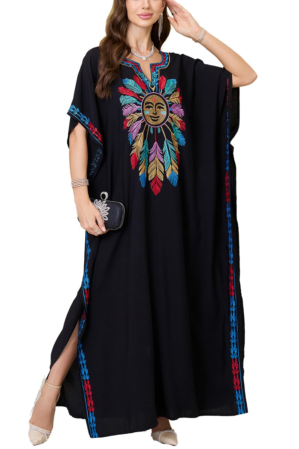 YouKD Wemon's Summer Cotton Long Kaftan Maxi Dress Bohemian Swimsuit Beach Cover Up Robes Black Red