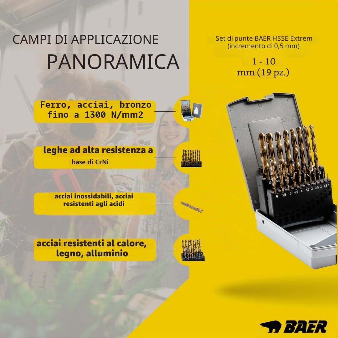 BAER HSSE - Set di punte elicoidali (0,5 mm di altezza), 1-10 mm, in acciaio HSSE/cobalto ad alta lega, in ferro, per trapano