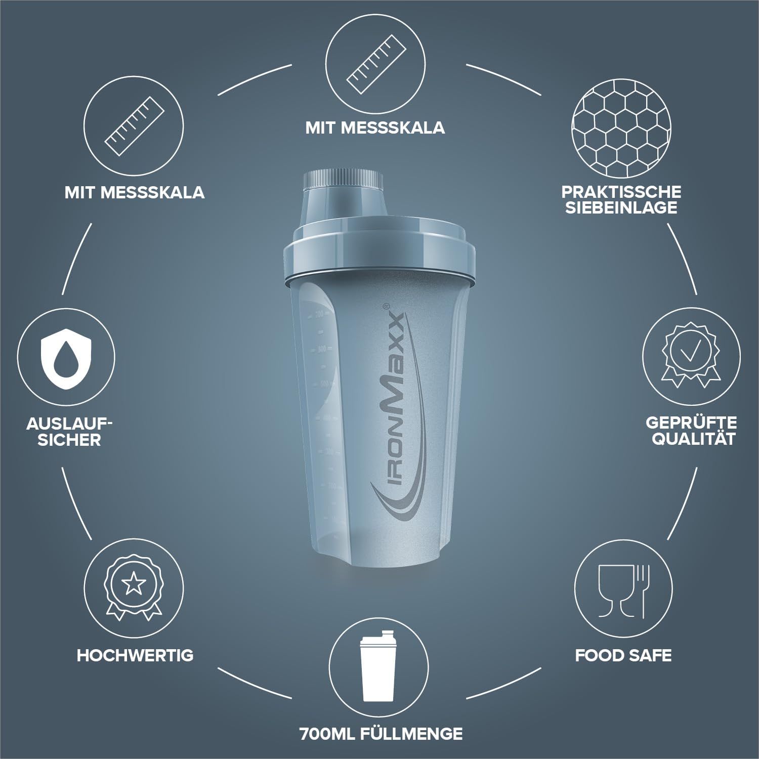 IronMaxx 700ml Protein Shaker Kyanite Blue con tappo a vite, setaccio e scala di misurazione, borraccia da palestra a tenuta stagna per proteine idrolizzate, senza BPA e plastificanti DEHP